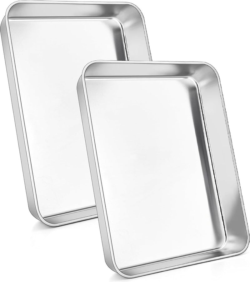 Bakplaat, roestvrij staal, rechthoekig, kleine ovenschaal, 2-delige set, 5 cm diepe ovenplaat voor bakken, braden, serveren, hoogglans gepolijst en vaatwasmachinebestendig, 23,8 x 18 x 5 cm