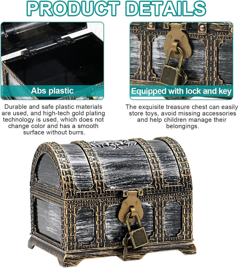 Afsluitbare schatkist voor kinderverjaardag, schatkist bruiloft met slot, kunststof piraten, schatkist, klein, bewaren en decor, schatkist piraat, schatfeest (1)