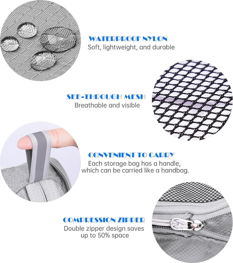 Kledingtassenset 7 kofferorganizerset, verpakkingsblokjes compressie, kofferorganisator voor op reis, verpakkingsblokjes rugzak, bagage-organizer met elektronische kabeloplader (grijs)