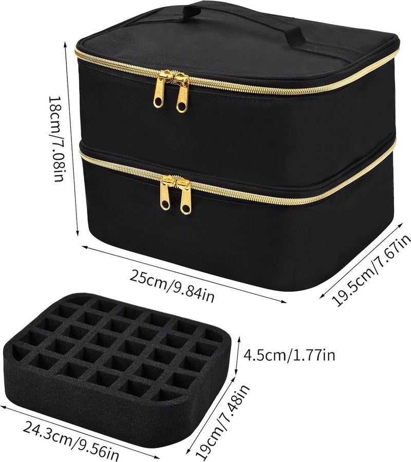 Nagellak opbergtas groot, draagbare draagtas voor nagellak en UV-lamp, dubbellaagse nagellaktasorganisator, multifunctionele make-uptas, zwart, zwart, eenvoudig