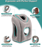 Opblaasbaar nekkussen voor vliegtuigreizen, draagbaar reiskussen, neksteunkussen, comfortabel ondersteunt hoofd en kin, kussen voor treinen, auto's, kantoor, huis (hogere versie, grijs)