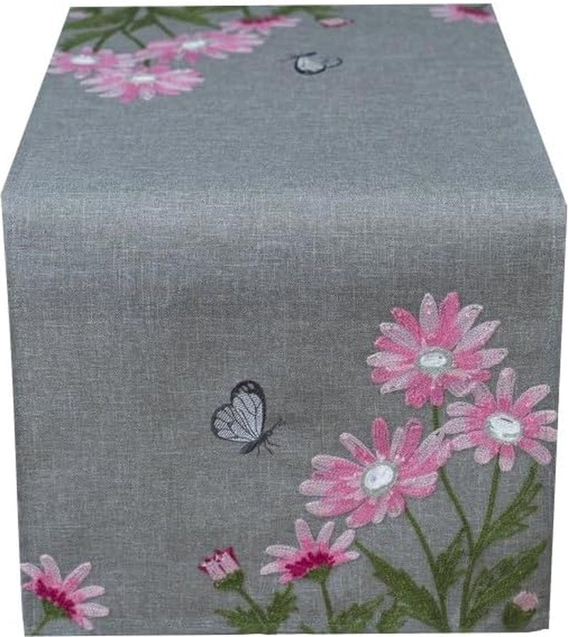Tafelkleed Middeldeken/tafelloper, kussenhoes, grijs gebloemd, crankborduurwerk met roze margrieten en witte vlinder (40 x 85 cm)