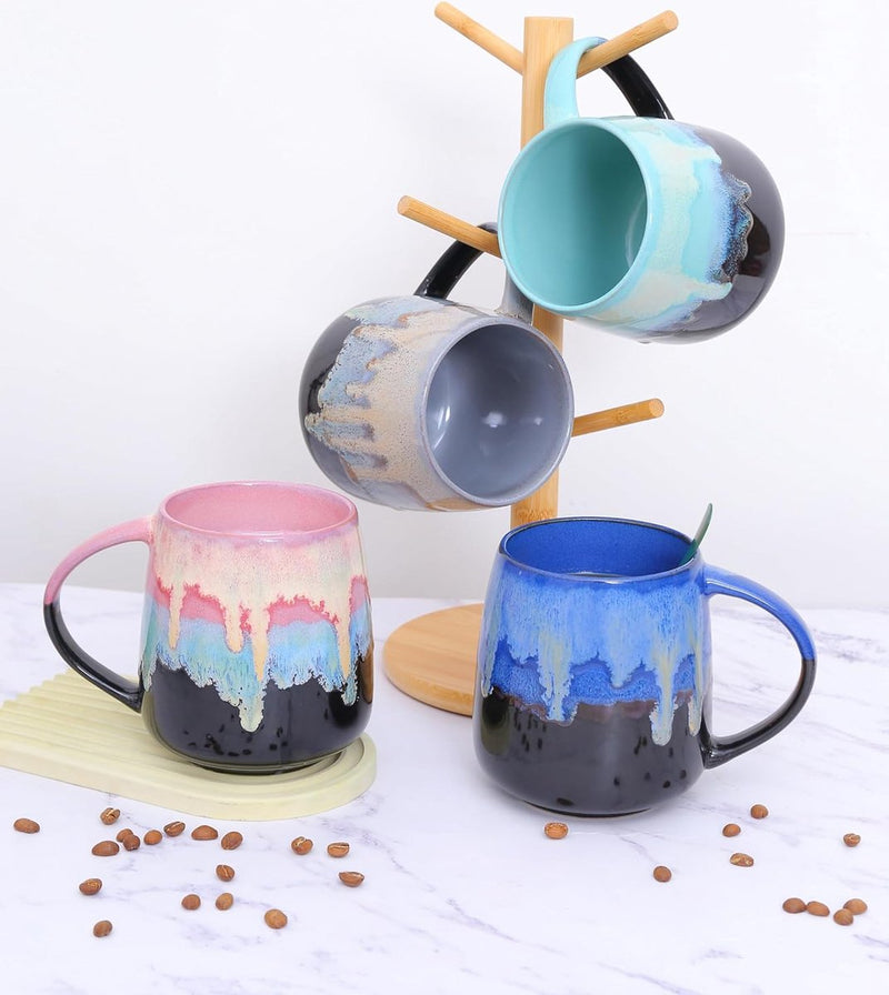 Grote keramische koffiemokken, 600 ml grote theekopjes met handvat, uniek textuurglazuur voor kantoor en thuis, magnetron-, koelkast- en vaatwasmachinebestendig, gemengde kleuren B
