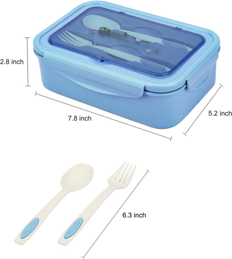 Lunchtrommel, bento box, broodtrommel met 3 vakken en bestek, lekvrij, broodtrommel, koelkast, vaatwasmachinebestendig, magnetronbestendig, broodtrommels voor school, werk, picknick, reizen (blauw)