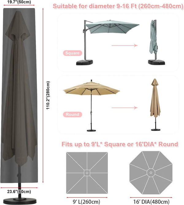 Beschermhoes voor parasol, zweefparasol, beschermhoes voor 3m-5m, parasol, afdekking, waterdicht, met stang voor 300 cm, 400 cm, 500 cm, zweefparasol, standaard, 280 x 50/60 cm