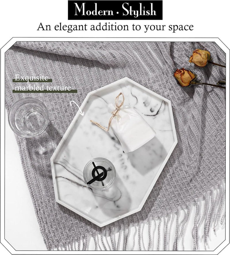 Decoratief dienblad, opbergbak van hars, cosmetische badkamerbak, achthoekige serveerplank voor slaapkamer, kaptafel, woonkamertafel, keukengootsteenaccessoires, marmerwit