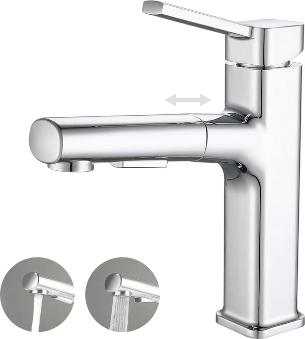 Wastafelkraan met uittrekbare douche, kraan badkamer met 2 waterstraalsoorten, eengreepsmengkraan kraan van verchroomd messing gepolijst voor badkamer wastafel