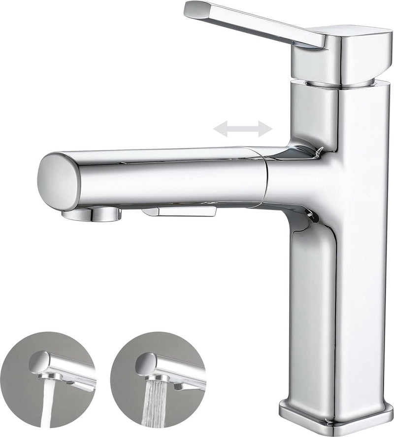 Wastafelkraan met uittrekbare douche, kraan badkamer met 2 waterstraalsoorten, eengreepsmengkraan kraan van verchroomd messing gepolijst voor badkamer wastafel