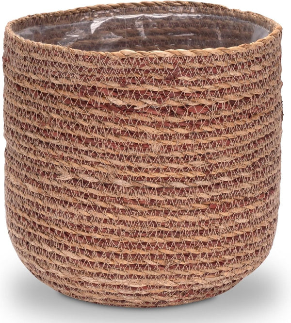 Seegras Bloempot, sierpot, gevlochten, decoratieve plantenmand met folieinzetstuk in boho-stijl, natuur/rood, 21 cm