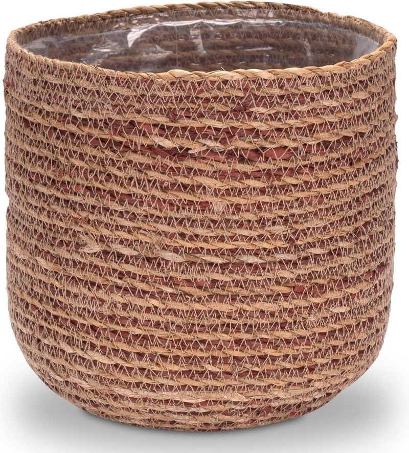 Seegras Bloempot, sierpot, gevlochten, decoratieve plantenmand met folieinzetstuk in boho-stijl, natuur/rood, 21 cm