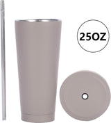 750 ml/25 oz roestvrijstalen mok met rietje en deksel, BPA-vrije vacuüm geïsoleerde thermische mok, koffiemok om mee te nemen, reismok, geïsoleerde mok voor ijskoud of warm drinken (lichtgrijs)