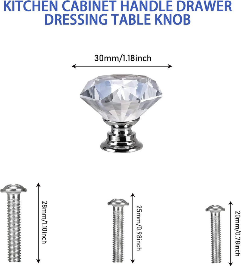 6 stuks meubelknoppen, kristallen ladeknoppen, moderne mode commodeknoppen, kristalheldere deurknop, 30 mm zinklegering kristalglas handgrepen, met schroeven in 3 maten (zilver)