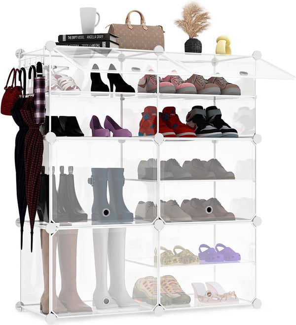 Schoenenrek, 6-laags kunststof schoenenrek met deur, voor 24 paar schoenen en laarzen, stapelbare schoenenkast voor hal, slaapkamer, kledingkast, entree