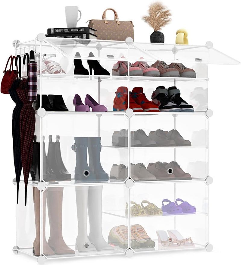 Schoenenrek, 6-laags kunststof schoenenrek met deur, voor 24 paar schoenen en laarzen, stapelbare schoenenkast voor hal, slaapkamer, kledingkast, entree