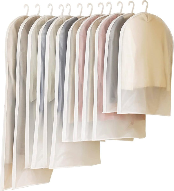 12 stuks kledingtassen, 60 x 80/100/120/140 cm, witte rand, doorschijnende kostuumtas, kledinghoes, kostuumtas, avondjurk, trouwjurk, jassen, overhemden, stof- en waterdicht