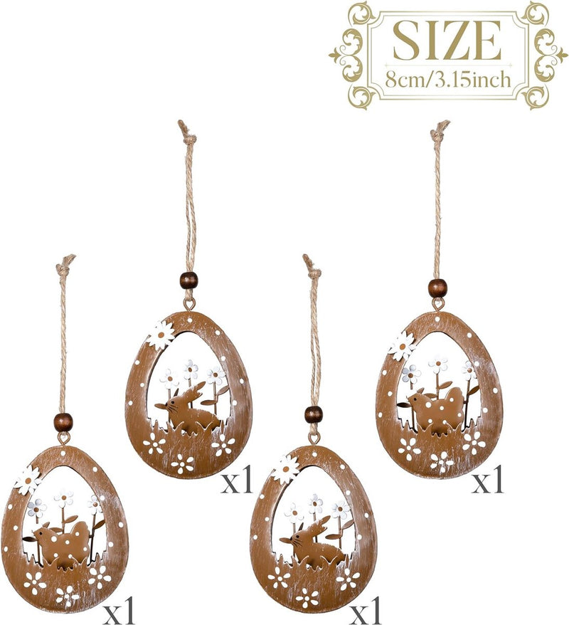 4 x decoratieve hangers voor Pasen, paasversiering van metaal om op te hangen, kraan, paashaas en paaseieren, decoratieve hanger