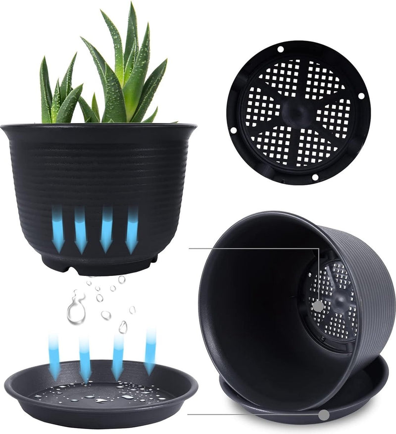 3 stuks kunststof bloempotten, plantenbakken met afwateringsgat 3 maten 15 cm, 18 cm, 21 cm, dikke groeiende plantenpotten, bloempotten plantenpot voor bloemen en planten (zwart)