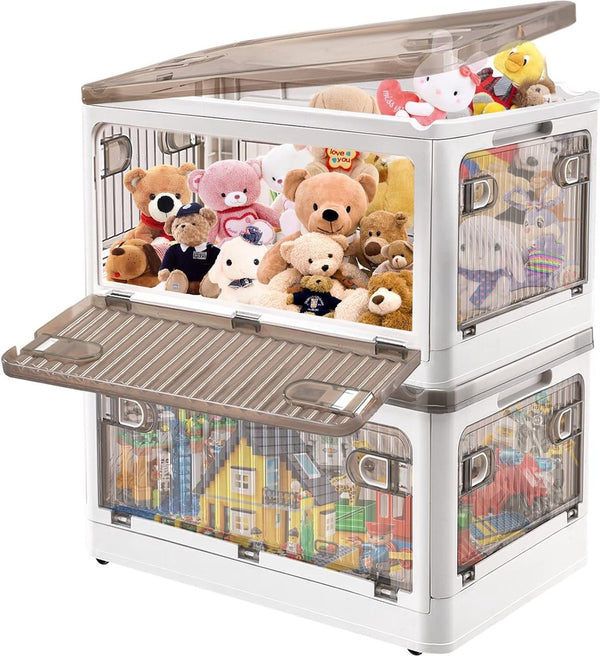 28 liter opslagcontainers met deksels, 2 pakken grote plastic stapelbare speelgoedopslagcontainers Box Organizer, opvouwbare opslagcontainers Bakken met wielen