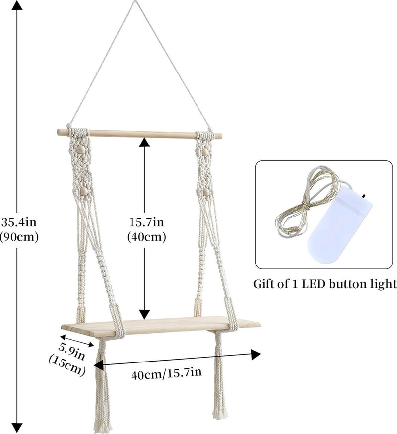 Wandplank Houten Boheemse Wandplank Handgemaakte Macrame Wanddecoratie met LED-verlichting Geschikt voor Woonkamer Wanddecoratie Kamerdecoratie