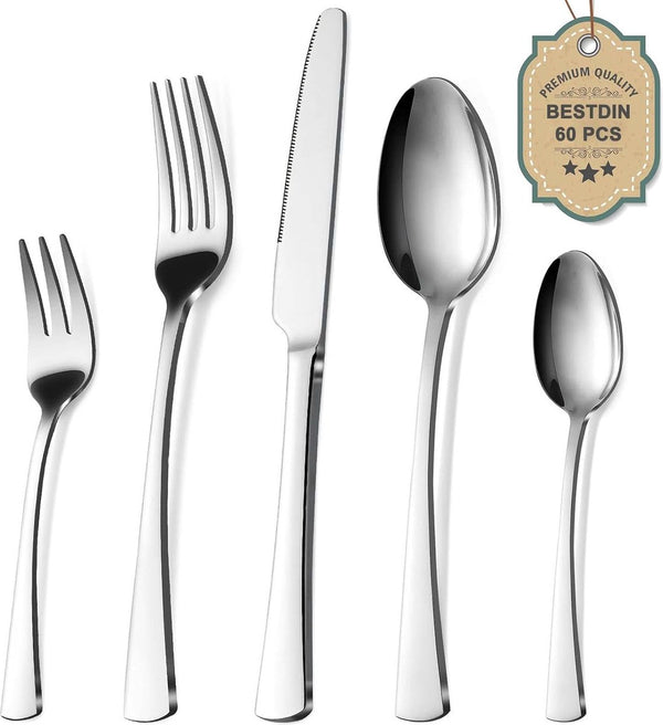 Bestekset voor 12 personen, 60-delige roestvrijstalen bestekset met mesvorklepel, hoogwaardig roestvrijstalen bestek, vaatwasmachinebestendig