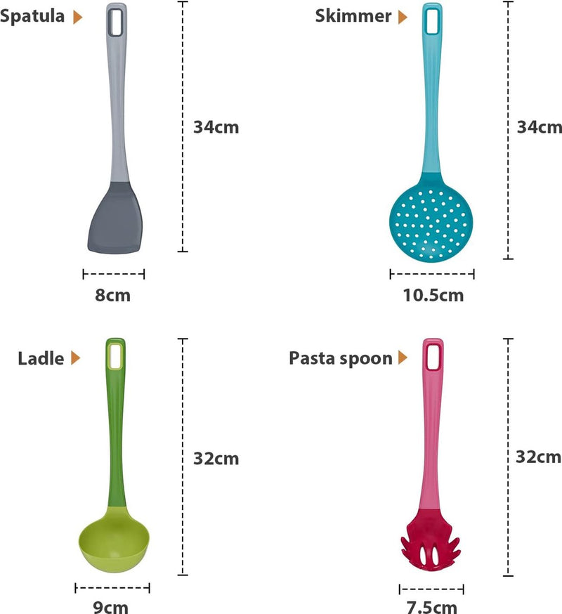 Keuken gadgets Set van 4 - (spatel siliconen, soeplepel, schuimlepel, spaghettilepel) keukengerei, spatel kunststof, pollepel, schuimspaan, spaghetti lepel, keukenhulp