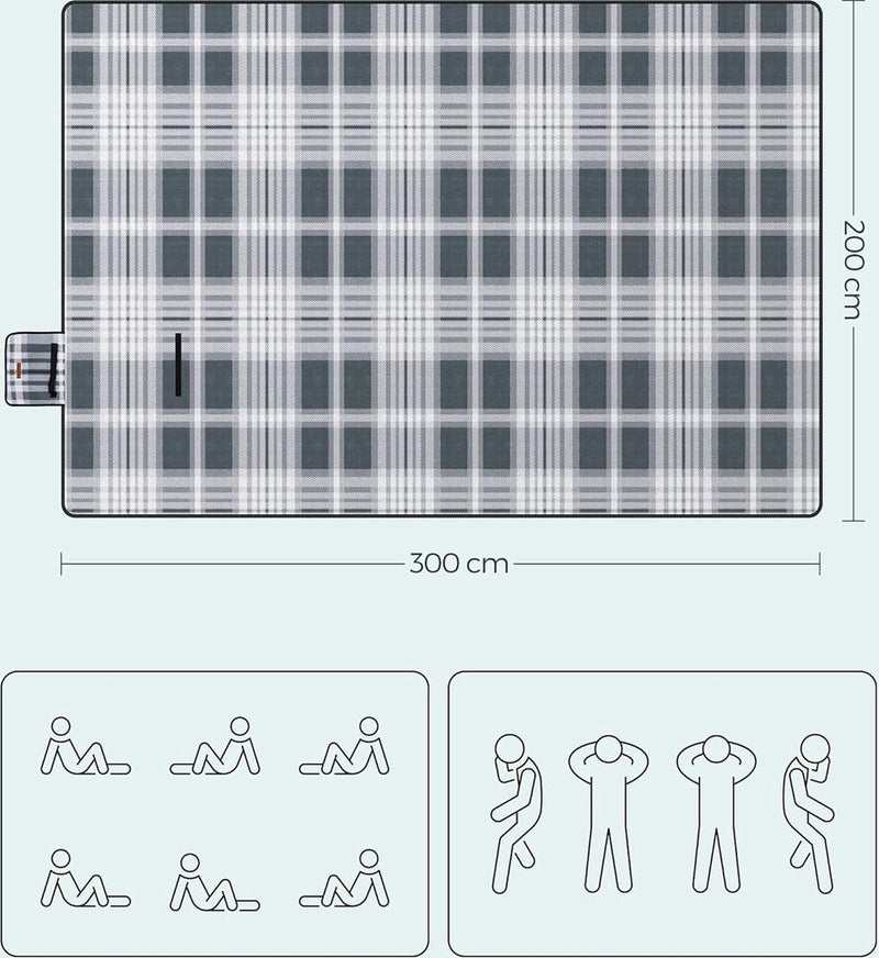 Picknickdeken, 300 x 200 cm, groot, campingdeken, voor park, tuin, strand, waterdicht, opvouwbaar, grijs-wit