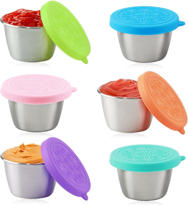 Saladecontainer, 6 x 70 ml kleine roestvrijstalen kruidencontainer, voedselopslagcontainers met deksel, dressingcontainer, herbruikbare mini-sauscontainer, snackdoos, voedselcontainerset