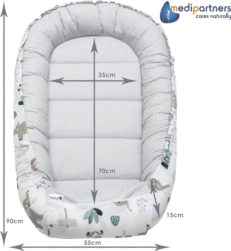 5-delige set babynestjes, 100 x 60 x 15 cm, uitneembaar inzetstuk, knuffelnest, kruipdeken voor baby's, pasgeborenen, 100% katoen (mint dierentuin met beige minky)