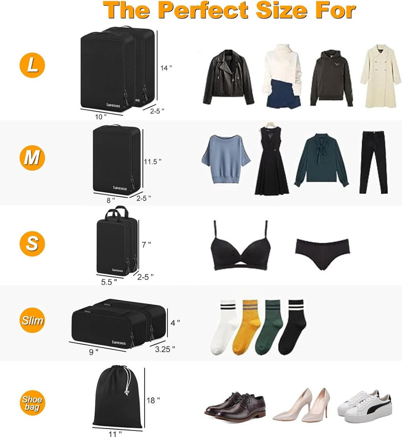 Compressieverpakkingsblokjes, set van 8, reisverpakkingsblokjes voor handbagage, compressiekofferorganizer, tassenset en reisblokjes (8 stuks, zwart)