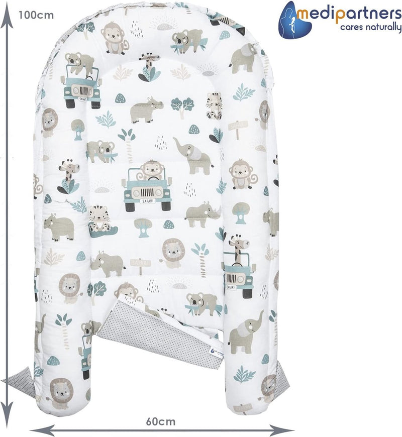 5-delige set babynestjes, 100 x 60 x 15 cm, uitneembaar inzetstuk, knuffelnest, kruipdeken voor baby's, pasgeborenen, 100% katoen (mint dierentuin met beige minky)