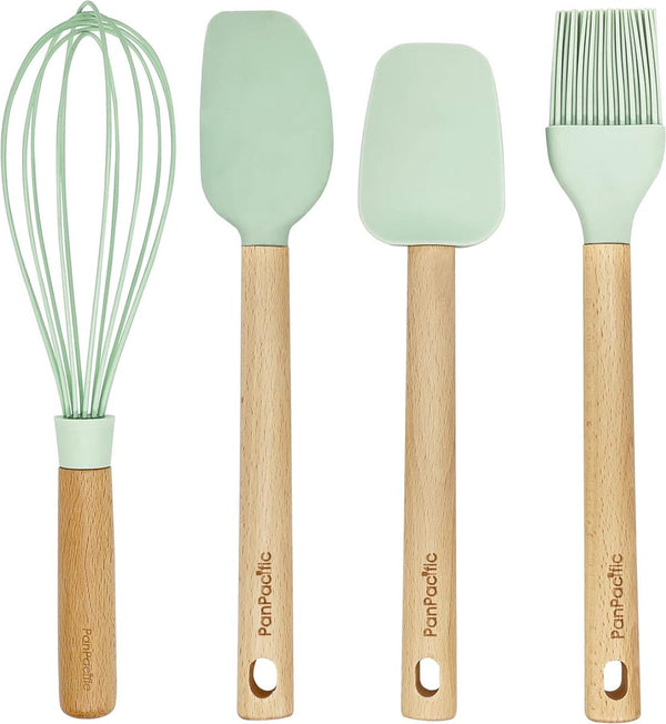 12" siliconen spatelset voor kookgerei met antiaanbaklaag, panpacific siliconen spatel hittebestendig met siliconen schraper/borstel/garde, siliconen bakgerei set 4-delig (mintgroen)