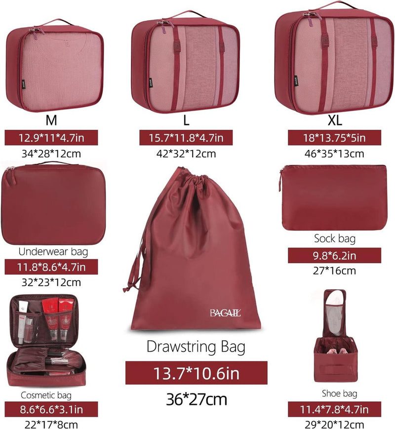 8-delige packing cubes, kledingtassen, packing cubes, packing cubes, kofferset voor vakantie en reizen, kofferorganizer reiskubussen, organisatiesysteem voor koffers