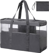 Strandtas XXL familie grote badtas strandtas met ritssluiting strandtas opvouwbare schoudertas badtas familie shopper handtas voor strand vakantie reizen grijs