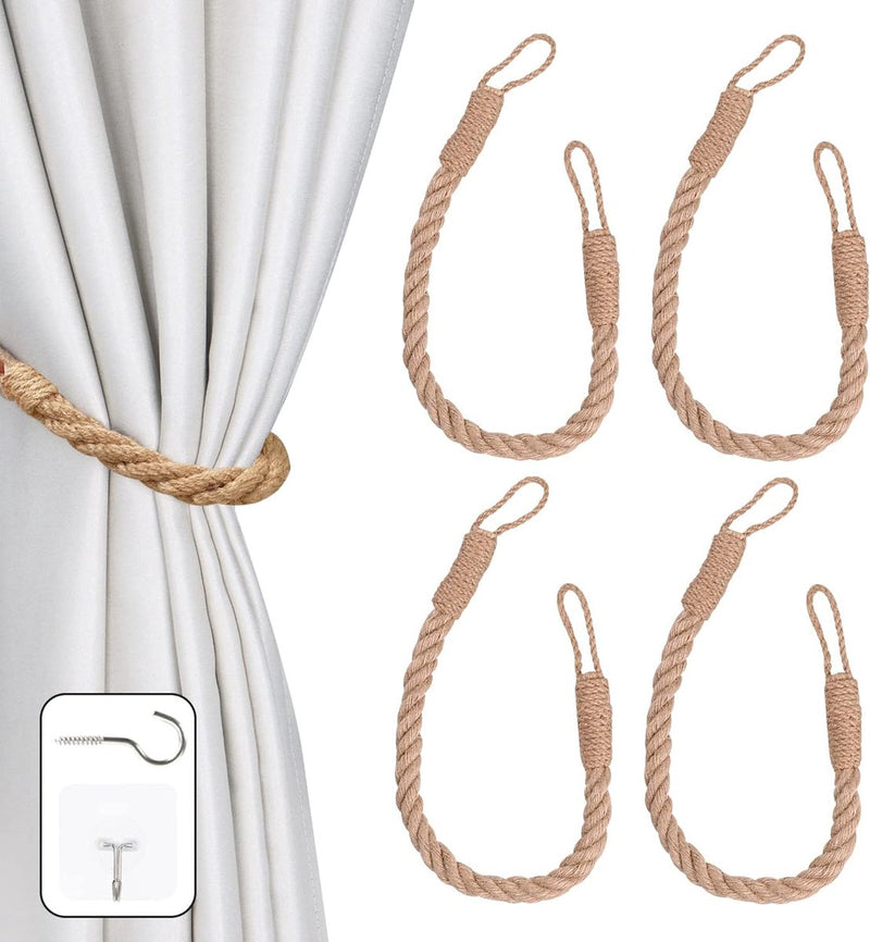 Set van 4 gordijnbinders Gordijnbanden met gedraaid henneptouw Decoratieve handgemaakte tiebacks Gordijnhouders Gordijnbinders voor gordijnen (kaki, 4)