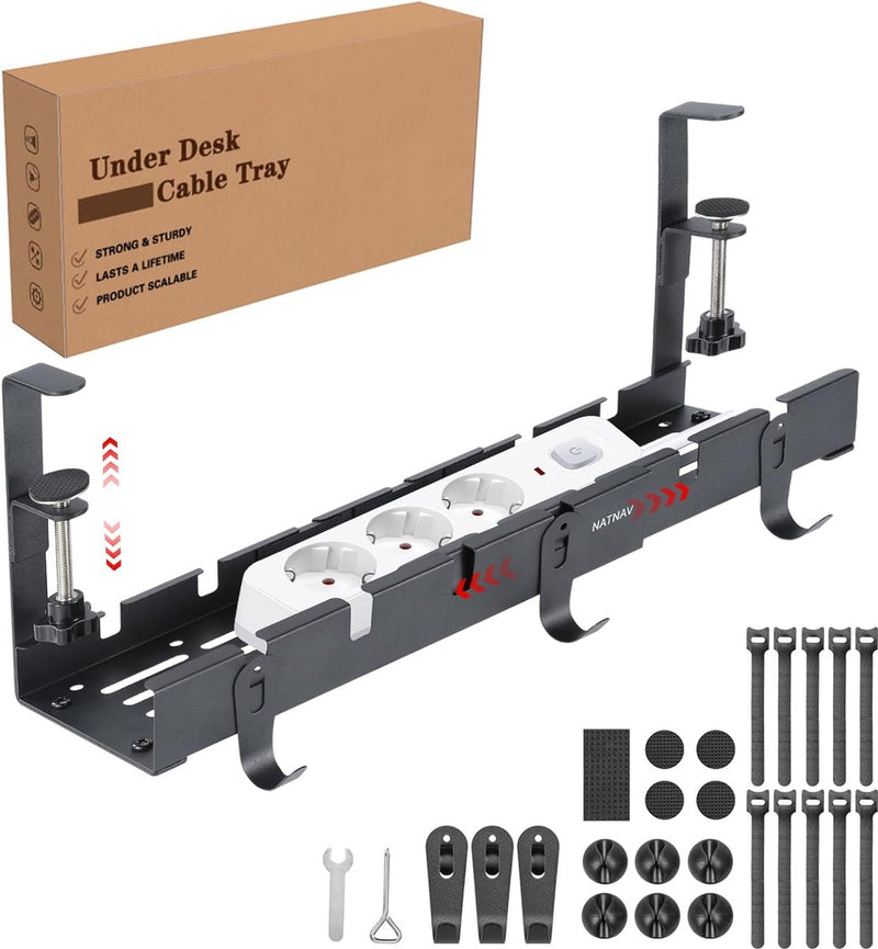 Cable Duct Desk, Black, No Drilling, Cable Management Desk with Expandable Cable Tray 30.5-55 cm, Cable Tray for Cable Organisation in the Workplace