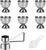 Set van 6 eierdopjes Grappige eierdopjesset Eieropener Eierdopjesset Eierstandaard Eierhouder met roestvrijstalen eieropener Eiersnijder Eierhopper Plastic scheidingsteken voor bakken, ontbijt, dessert