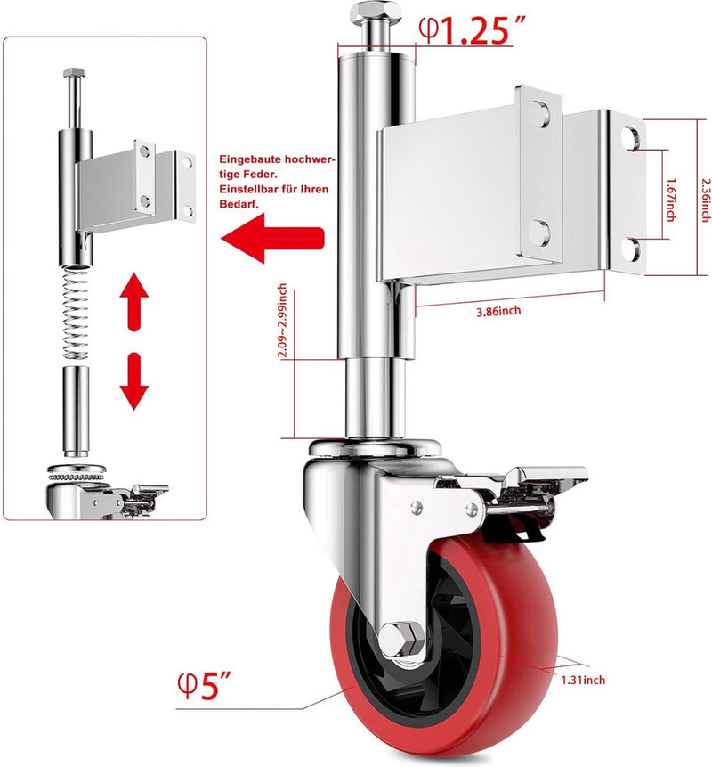 Veerbelaste poortwielen, 125 mm, robuuste hardware stalen deuren tot 200 kg dragen voor gebruik op de boerderij, in landgoed en thuis, rood met rem