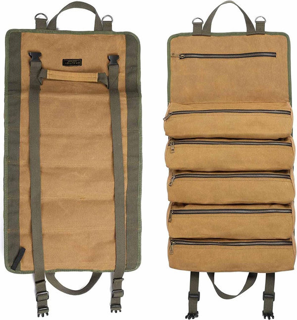 Roltas voor gereedschap, van gewaxt canvas, grote moersleutelrol met 6 vakken met ritssluiting, multifunctionele roltas