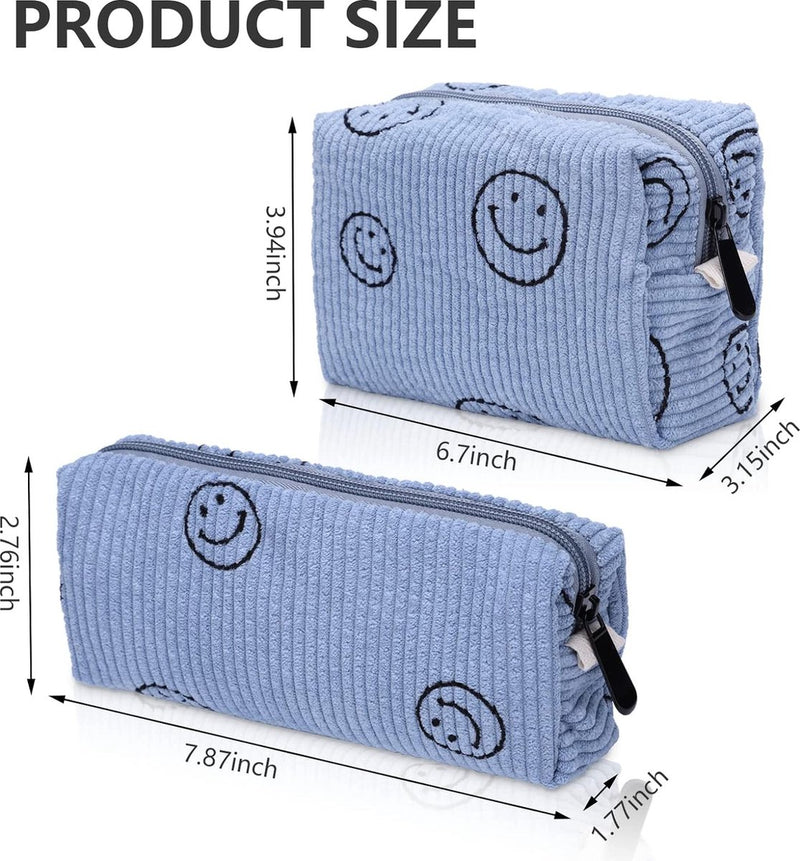 Toilettas voor op reis, corduroy fluwelen cosmeticatas, make-uptas met glimlachgezicht, corduroy smile-print, make-up-organizer, wastas voor reizen, kinderen, meisjes, dames, 2 stuks blauw, mode