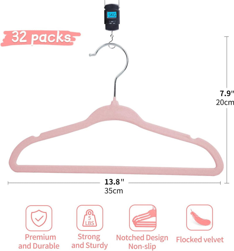 Kinderkleerhangers van fluweel, 35 cm, 32 stuks, kleerhangers met gekerfd design, ultradun, ruimtebesparend, 360 graden draaibare haken, antislip en duurzame kinderhangers voor peuters, roze