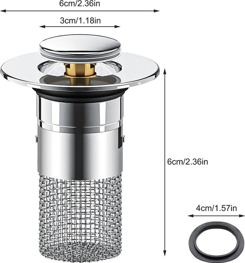 Set van 2 gootsteenpluggen, afvoerzeef, afvoerfitting, wastafel, universele pop-up gootsteenplug, roestvrij staal, voor 34-40 mm afvoerafvoerplug voor badkuip