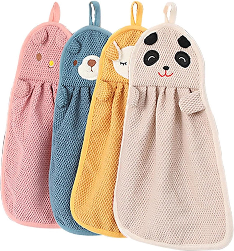 4 stuks kinderhanddoeken superabsorberende microvezel sneldrogende gezichtshanddoeken met ophanglus keukenhanddoek voor badkamer keuken (dierenmotief)