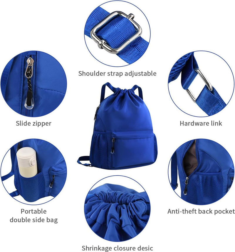 Gymtas met trekkoord, sportrugzakken, verstelbaar, voor dames en heren, grote sporttas met bodemvak, netvakken, water, trekkoord, waterdicht, uniseks, voor zwemmen en reizen