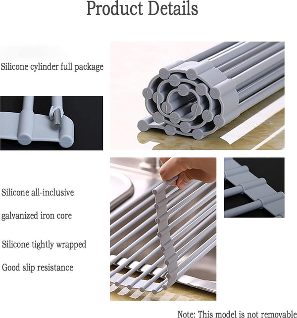 Afdruiprek voor gootsteen, inklapbaar, van siliconen, roestvrij staal, oprolbaar afdruiprek, gemakkelijk te reinigen, voor het drogen van groenten, fruit, servies