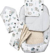 5-delige set babynestjes, 100 x 60 x 15 cm, uitneembaar inzetstuk, knuffelnest, kruipdeken voor baby's, pasgeborenen, 100% katoen (mint dierentuin met beige minky)