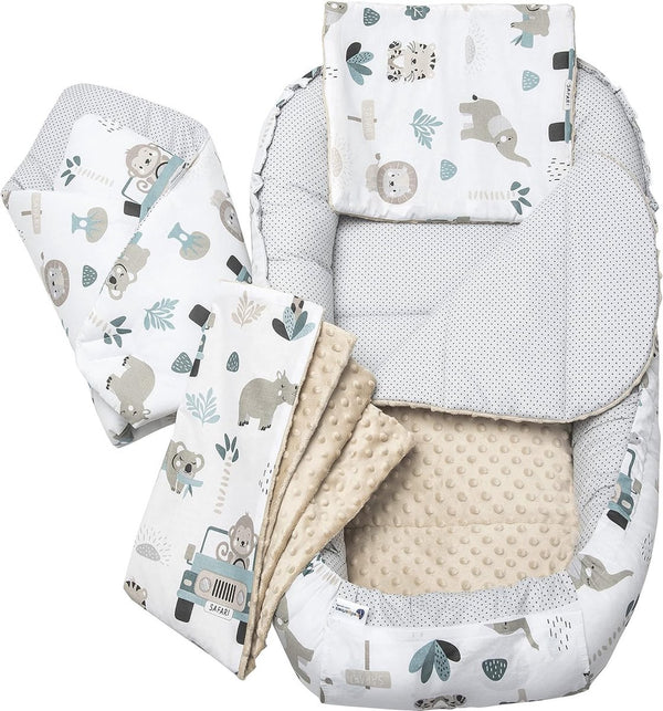 5-delige set babynestjes, 100 x 60 x 15 cm, uitneembaar inzetstuk, knuffelnest, kruipdeken voor baby's, pasgeborenen, 100% katoen (mint dierentuin met beige minky)