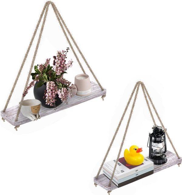 Zwevende plank met koord, 2-delige set, inclusief schroeven en pluggen, shabby chic, wit