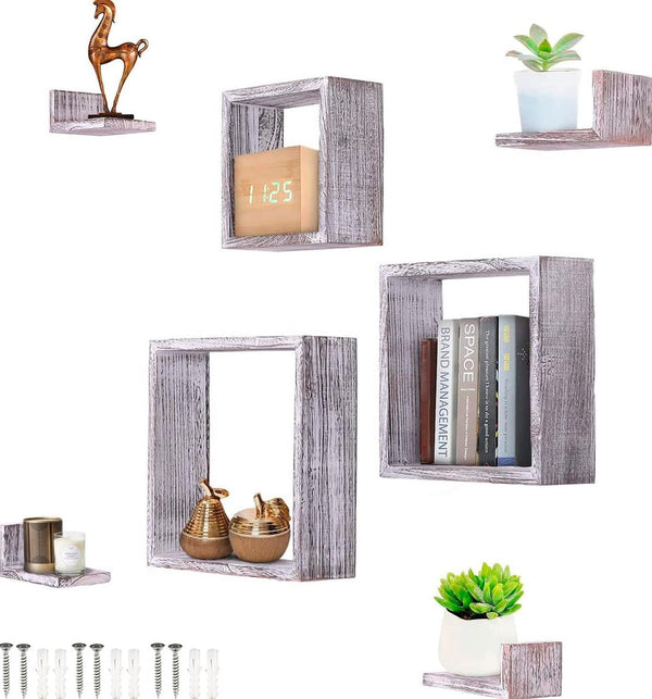 Rustieke zwevende planken voor wandmontage - rechthoek - set van 7 - 3 rechthoekige planken en 4 L-vormige rustieke planken - schroeven en pluggen inbegrepen - rustieke wanddecoratie - antiek