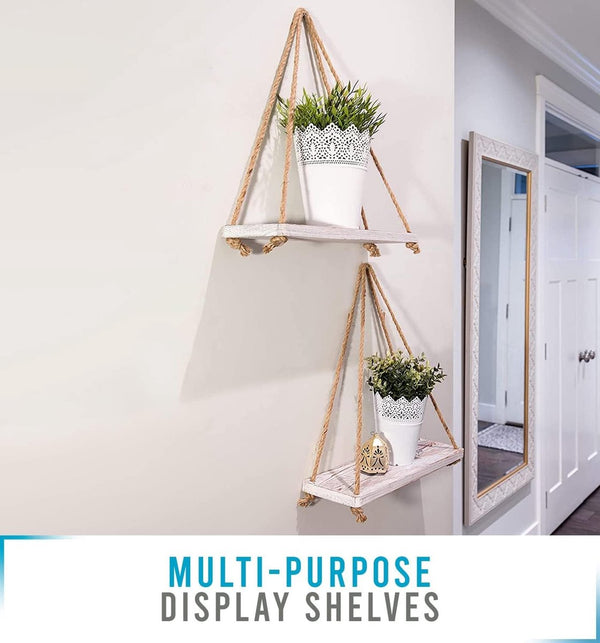 Zwevende plank met koord, 2-delige set, inclusief schroeven en pluggen, shabby chic, wit