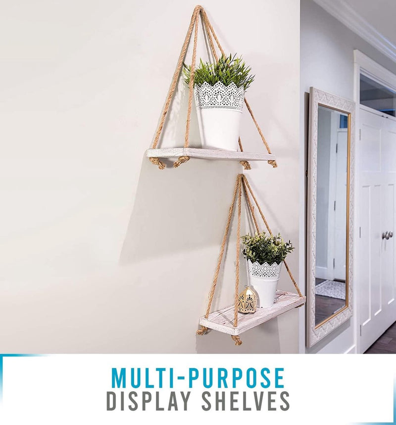 Zwevende plank met koord, 2-delige set, inclusief schroeven en pluggen, shabby chic, wit